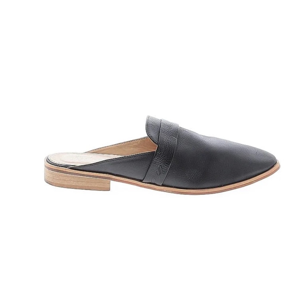 Sseko Black Leather Mules with Tan Sole